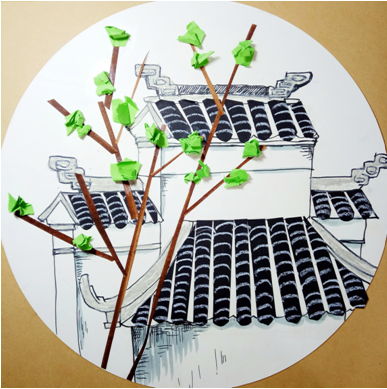 3, 白色蜡笔画出瓦片